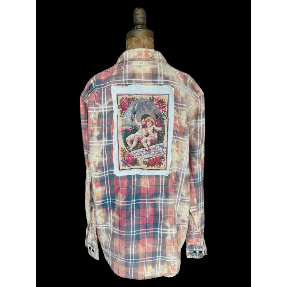 Upcycled Flannel L Cherub Floral Patch‎ Folk Art Shirt One of One - Picture 3 of 7